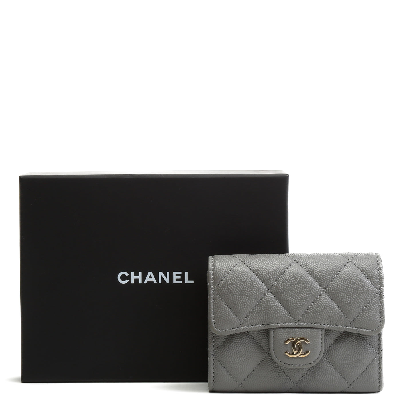 CHANEL Caviar Flap Card Holder On Chain - Gray