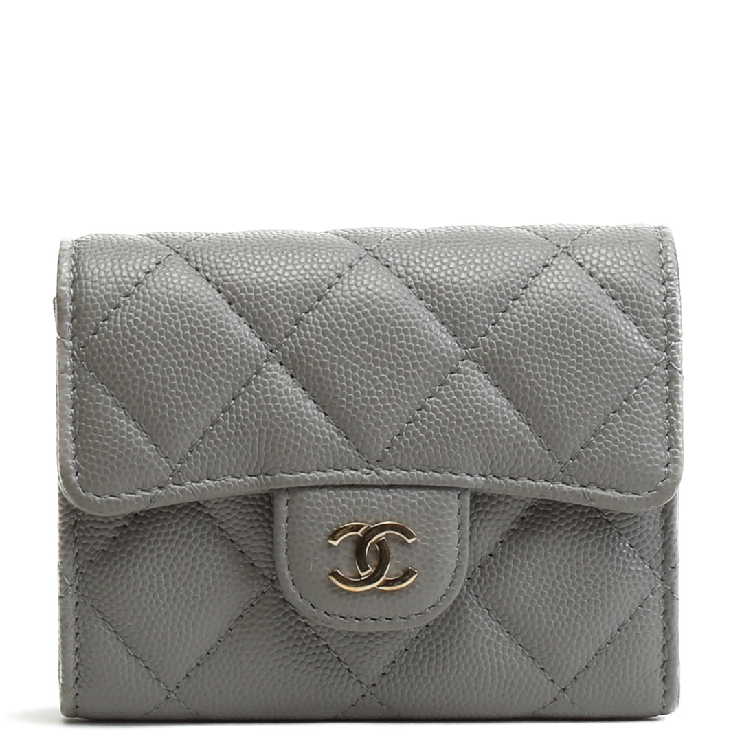 CHANEL Caviar Flap Card Holder On Chain - Gray