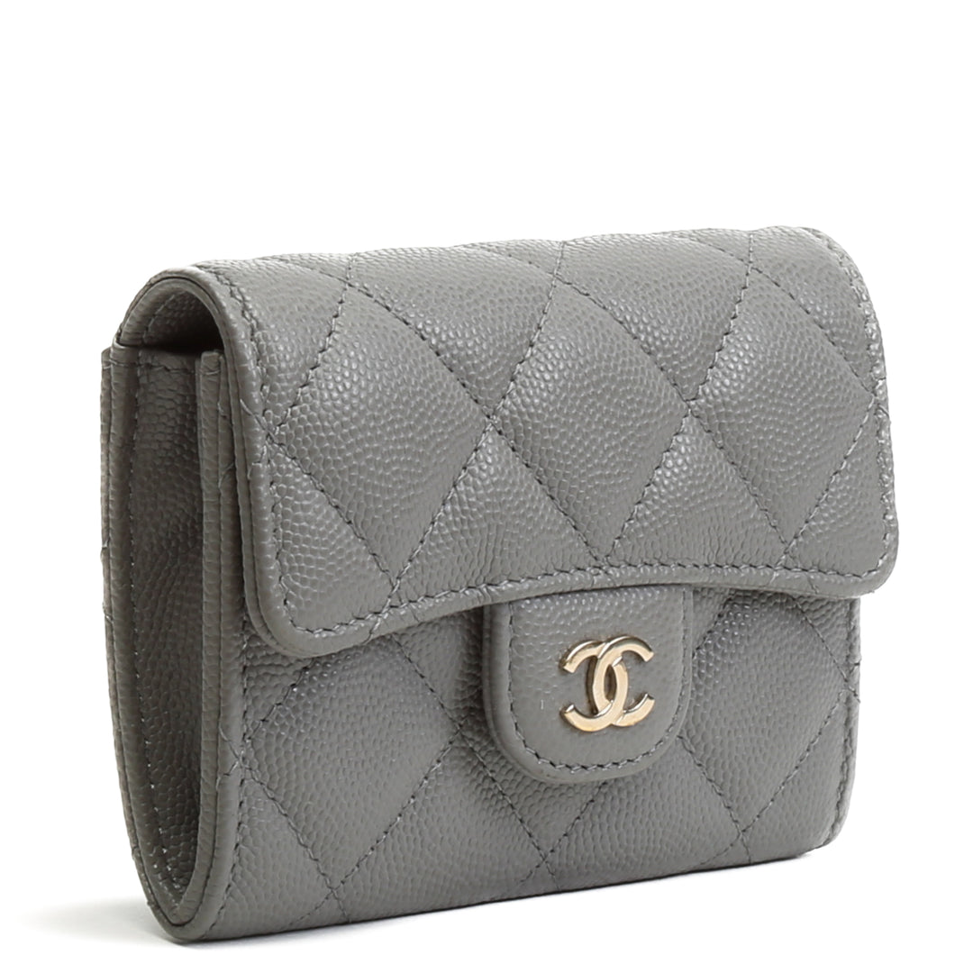 CHANEL Caviar Flap Card Holder On Chain - Gray