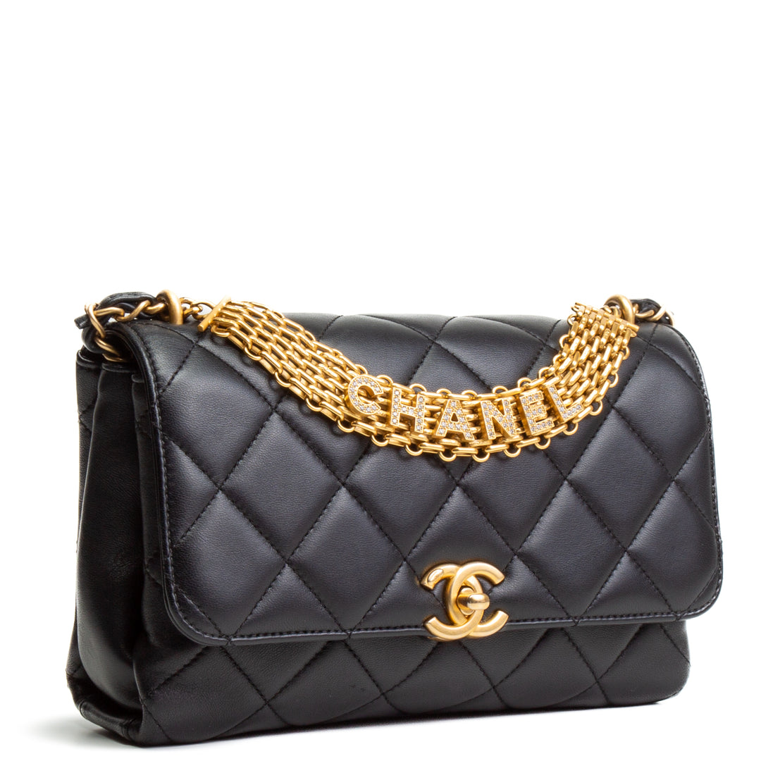 CHANEL CC Crystal Logo Chain Medium Flap Bag - Black