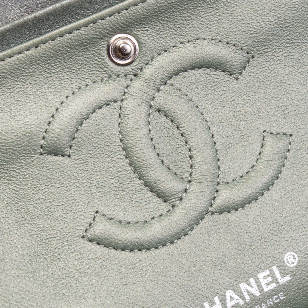 CHANEL Medium Double Flap - Iridescent Silver/ Moss Green