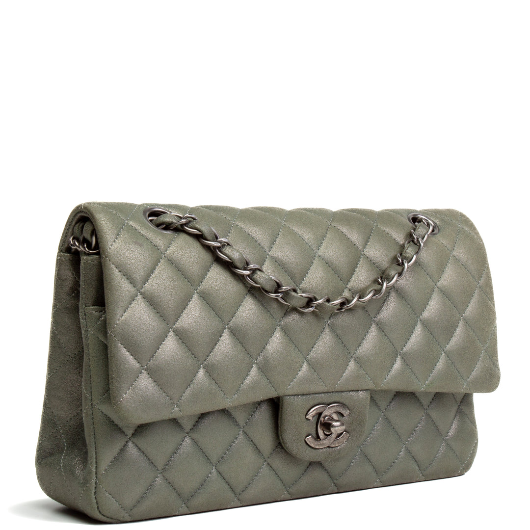 CHANEL Medium Double Flap - Iridescent Silver/ Moss Green