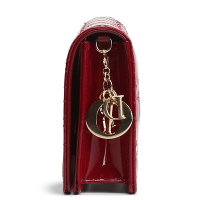 CHRISTIAN DIOR Patent Lady Dior Pouch On Chain - Cherry Red