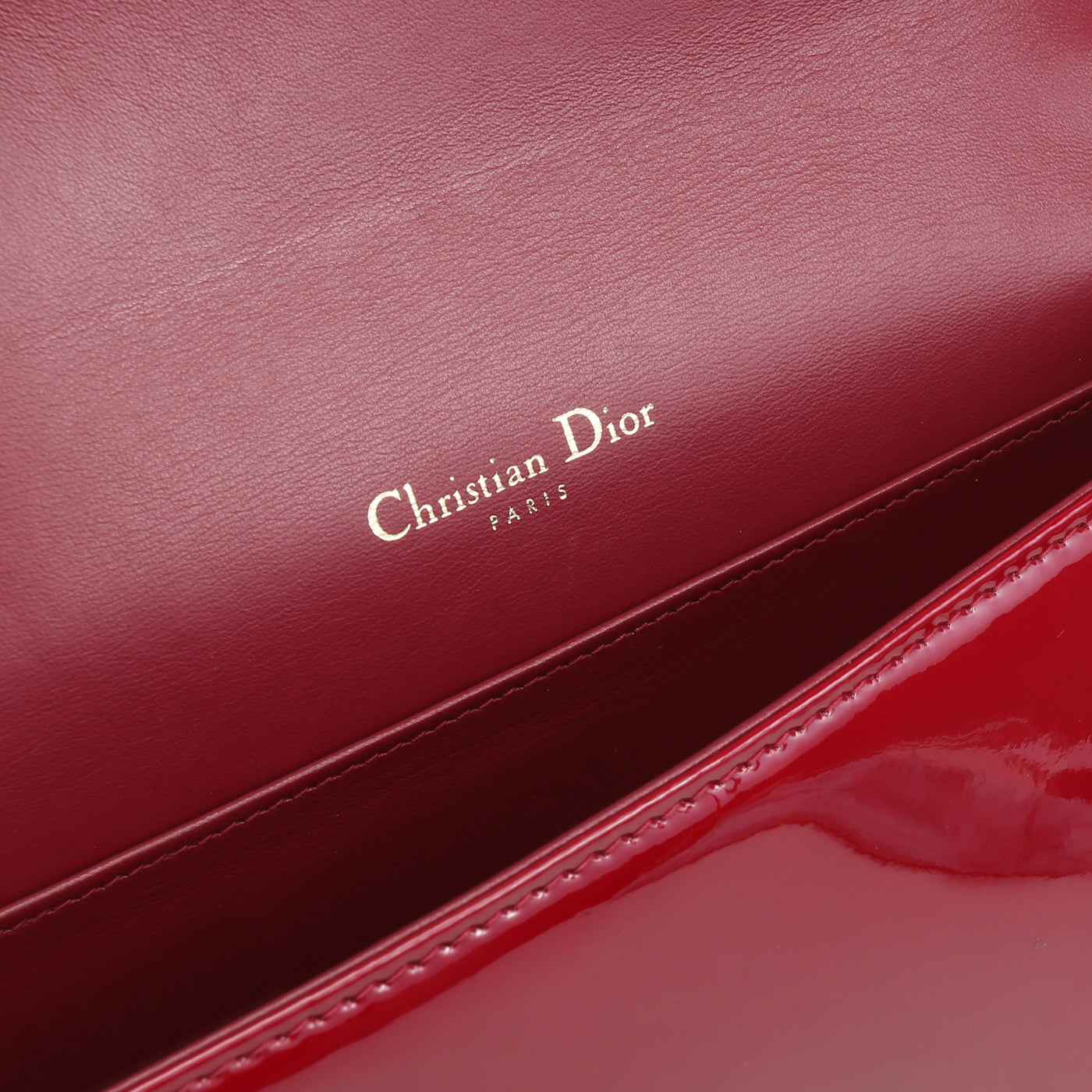 CHRISTIAN DIOR Patent Lady Dior Pouch On Chain - Cherry Red