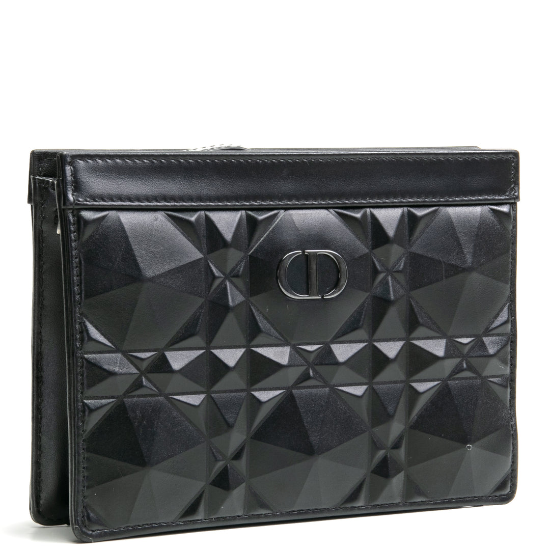 DIOR Caro Zipped Pouch w/ Chain Diamond Motif Cannage Calfskin- Black