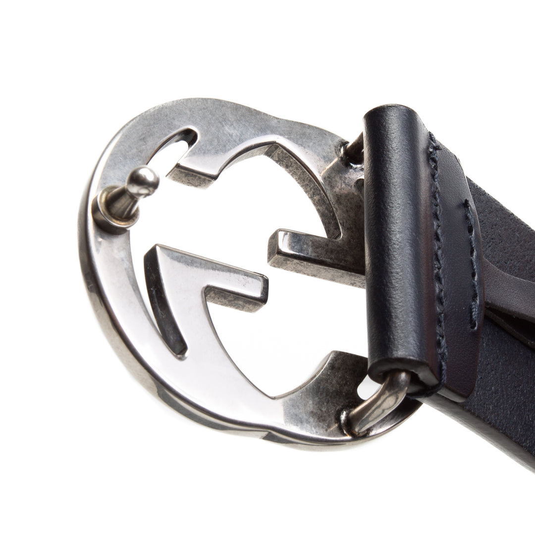 GUCCI Interlocking G Logo Leather Belt - Navy