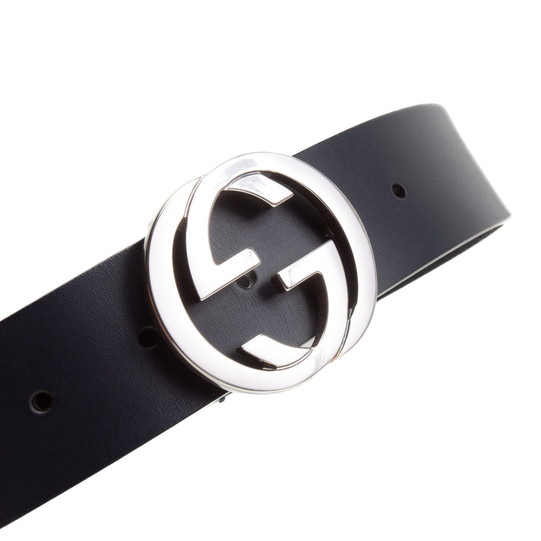 GUCCI Interlocking G Logo Leather Belt - Navy