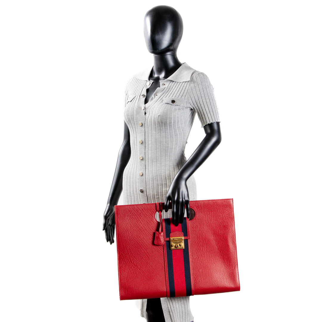 GUCCI Calfskin Web Padlock Tote Maxi- Red