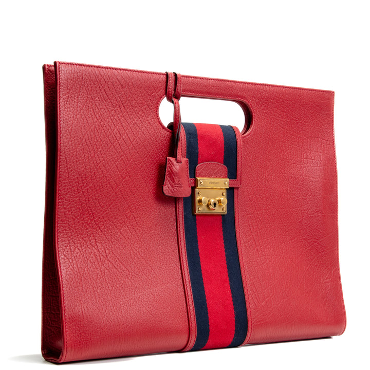 GUCCI Calfskin Web Padlock Tote Maxi- Red