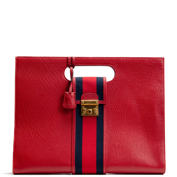 GUCCI Calfskin Web Padlock Tote Maxi- Red