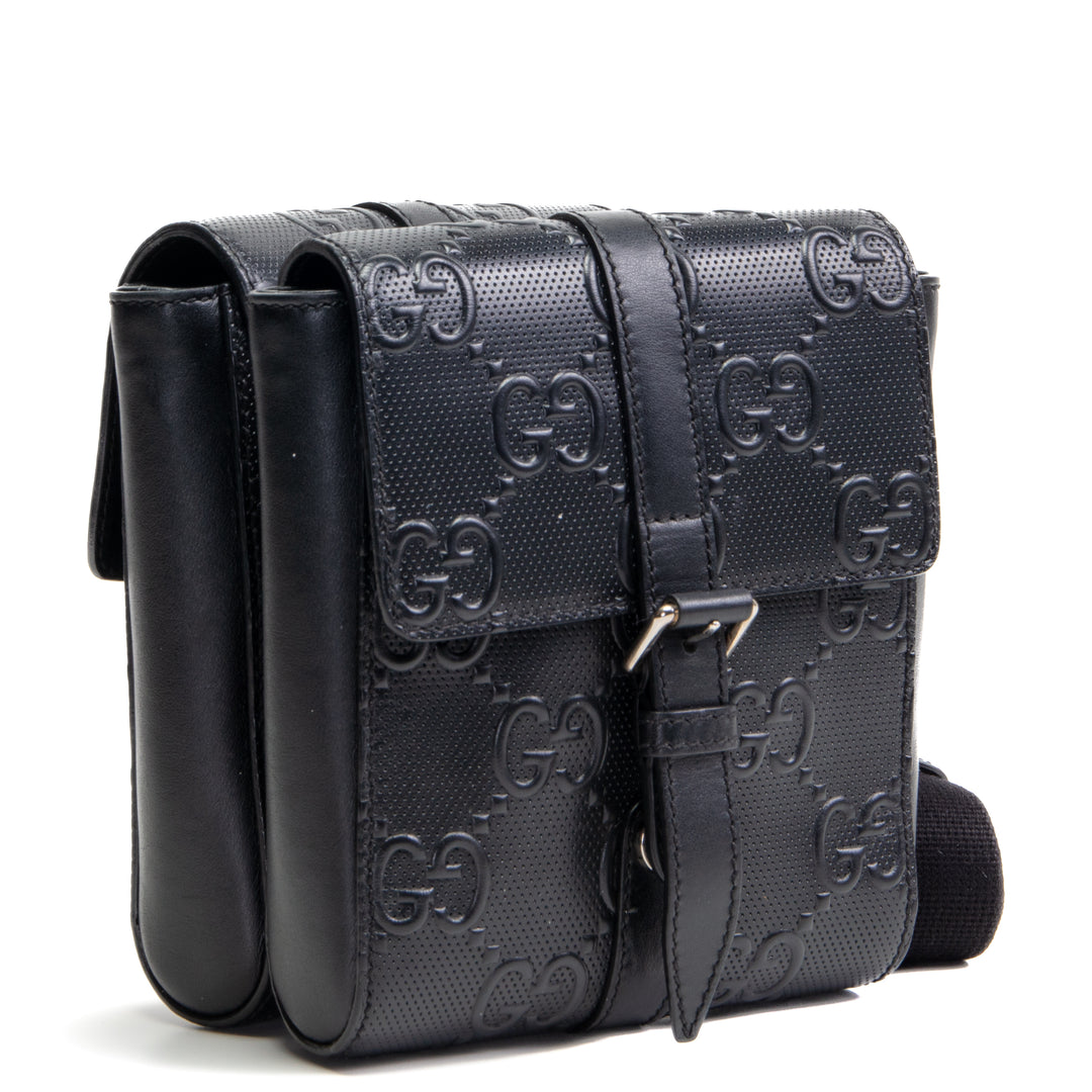 GUCCI GG Embossed Double Belt Bag - Black