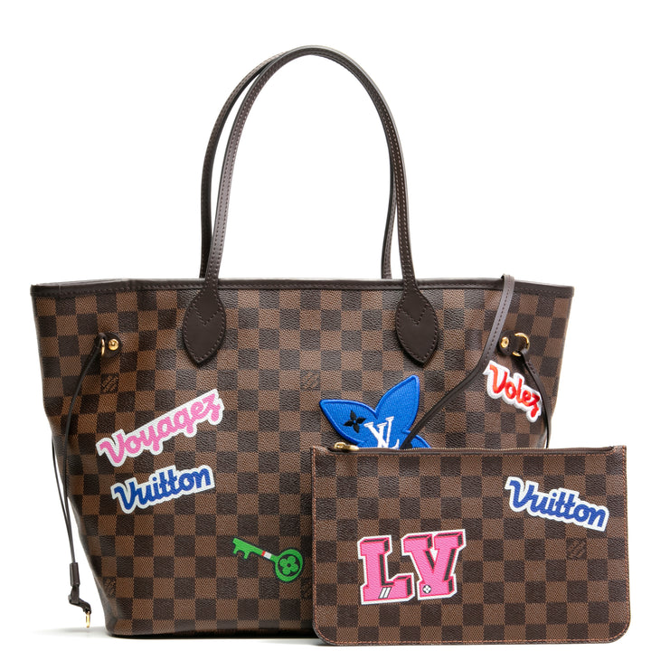 LOUIS VUITTON Limited Edition Damier Ebene Travel Patches Neverfull MM w/ Pouch