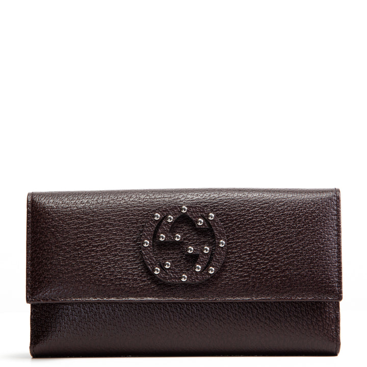 GUCCI Leather Studded Interlocking G Clutch/Wallet - Brown