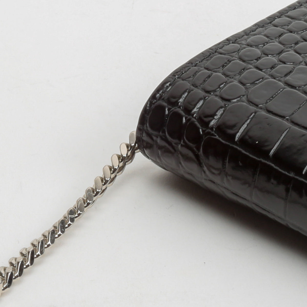 SAINT LAURENT Croc Embossed Uptown Chain Wallet - Black