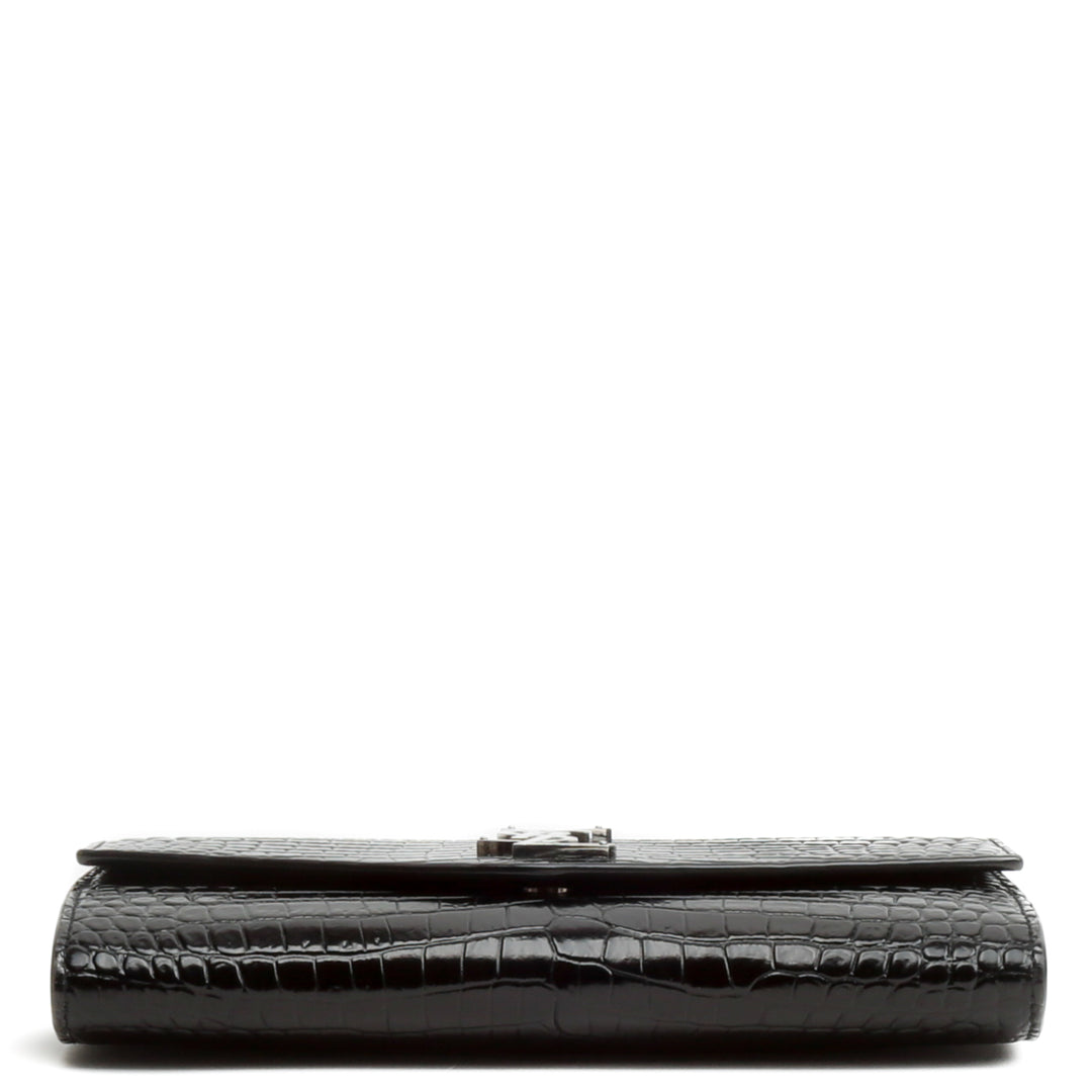 SAINT LAURENT Croc Embossed Uptown Chain Wallet - Black