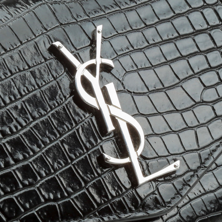 SAINT LAURENT Croc Embossed Uptown Chain Wallet - Black