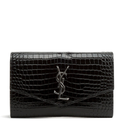 SAINT LAURENT Croc Embossed Uptown Chain Wallet - Black