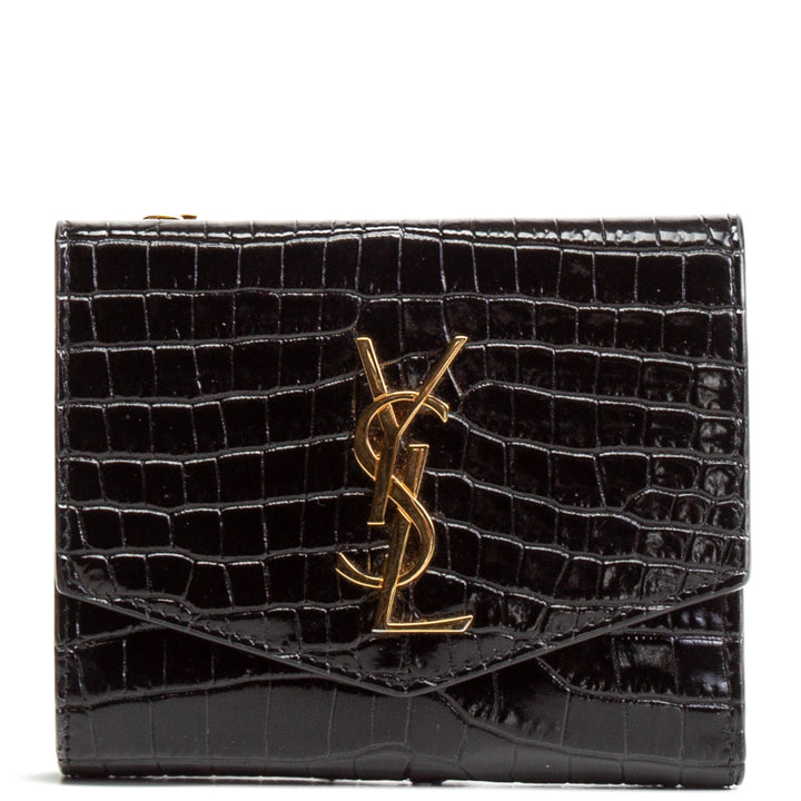 SAINT LAURENT Croc Embossed Uptown Compact Wallet - Black