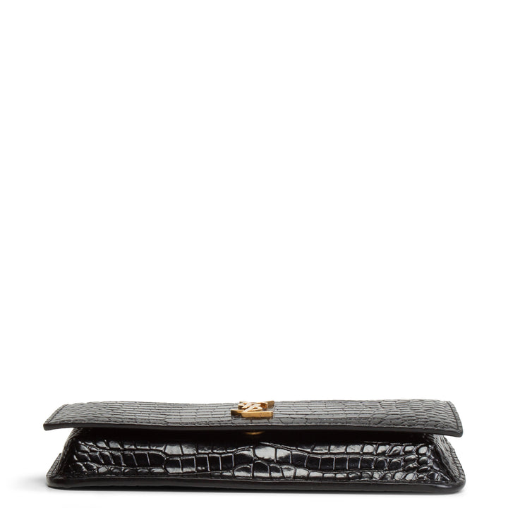 SAINT LAURENT Croc Embossed Cassandre Phone Holder - Black