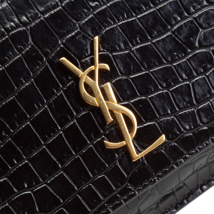 SAINT LAURENT Croc Embossed Cassandre Phone Holder - Black