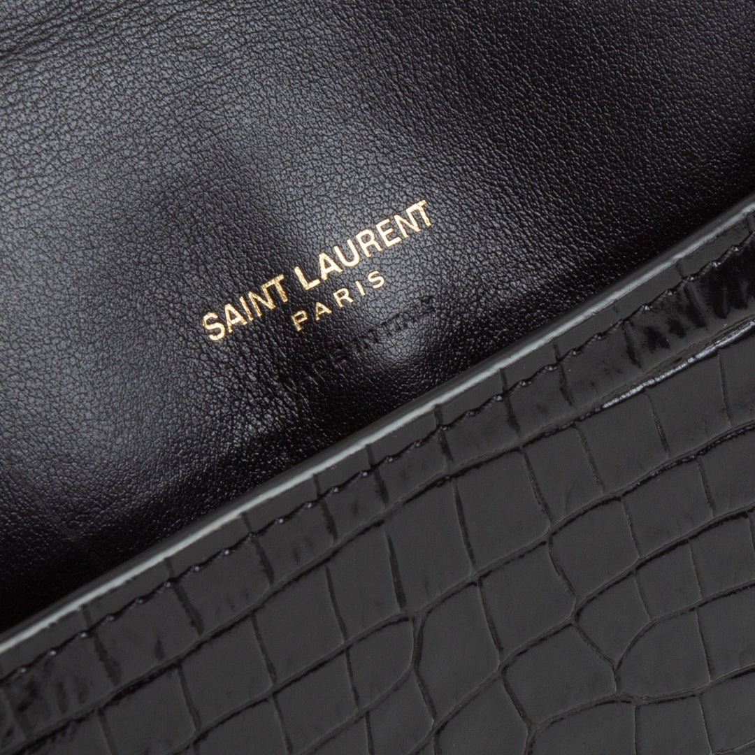 SAINT LAURENT Croc Embossed Cassandre Phone Holder - Black